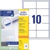 Packungsabbildung mit Etikettenbogen: Avery Zweckform Universal-Etiketten, Artikel:  3679, Format: 97 x 55 mm, Druckereignung: Inkjet,Laser s/w,Farblaser, Inhalt: 1.000 Etiketten / 100 Bögen, 10 Etiketten/Bogen