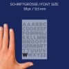 Größenvergleich mit Hand, Artikel: 3780, ein Bogen Buchstaben-Etiketten, Format: 85 x 160 mm, Farbe: Schwarz