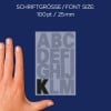 Größenvergleich mit Hand, Artikel: 3784, ein Bogen Buchstaben-Etiketten, Format: 85 x 160 mm, Farbe: Schwarz