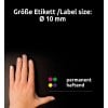 Größenvergleich mit Hand, Artikel: 3853, ein Bogen Markierungspunkte, Format: ⌀ 10 mm, Farbe: Blau