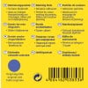 Das Bild zeigt eine Produktverpackung mit Etiketten in verschiedenen Sprachen, die Markierungspunkte und deren Verwendungszwecke beschreiben, einschließlich zuverlässiger Haftung für die Farbmarkierung von Dokumenten.