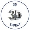 Das Bild zeigt eine glänzende, metallische 3D-Darstellung der Zahl '3D' mit dem Wort 'EFFEKT' darunter, alles umrahmt von einem kreisförmigen Rand.