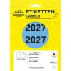 Avery Etikettenpack mit Jahresetiketten 2027 auf einem leuchtend gelben Hintergrund.