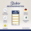 Das Bild zeigt eine Packung Design-Aufkleber mit Goldeffekt, die für einfaches Beschriften und abnehmbare Anwendung gestaltet sind. Sie weisen darauf hin, dass sie in Deutschland hergestellt und aus nachhaltigem Papier gefertigt sind.