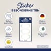 Das Bild zeigt ein Set dekorativer Aufkleber mit Blumendesigns. Es hebt ihre besonderen Merkmale hervor: leicht zu beschreiben, leicht zu entfernen, hergestellt in Deutschland und aus nachhaltigem Papier gefertigt, mit Goldeffekt.
