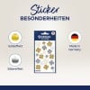 Das Bild zeigt ein Sticker-Set mit verschiedenen Blumendesigns in Gold- und Silbereffekten, mit dem Text 'Made in Germany'.