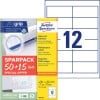 Packungsabbildung mit Etikettenbogen: Avery Zweckform Universal-Etiketten, Artikel:  4781-65, Format: 97 x 42,3 mm, Druckereignung: Inkjet,Laser s/w,Farblaser, Inhalt: 780 Etiketten / 65 Bögen, 12 Etiketten/Bogen