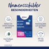 Das Bild zeigt eine Produktpräsentation für Avery-Namensschilder, die ihre einfache Gestaltung, nachhaltige Materialien und Qualität hervorhebt. Es zeigt Ausweishalter mit Clip- und Pin-Optionen.
