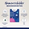 Das Bild zeigt Informationen über Avery Ausweishalter. Es hebt Merkmale hervor wie die Möglichkeit zur Online-Gestaltung, gute Qualität zu einem niedrigen Preis, nachhaltiges Papier und beinhaltet Clips mit den Ausweishaltern.