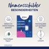 Das Bild zeigt eine Produktwerbung für XL Ausweishüllen von Avery. Es hebt die Verwendung von nachhaltigem Papier, ein Online-Design-Tool hervor und enthält Details wie Menge und Kompatibilität mit allen Druckern.