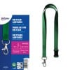 Das Bild zeigt ein Paket mit recycelten Lanyards und einem Karabinerhaken. Die Verpackung ist blau und enthält Details wie den Produktnamen, Abmessungen und die grüne Farbe.