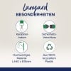 Das Bild zeigt die Merkmale eines Lanyards, einschließlich eines Karabinerhakens, eines Sicherheitsverschlusses, Abmessungen des hochwertigen Materials und Recyclinginformationen, die darauf hinweisen, dass es aus 100% recyceltem Kunststoff besteht.