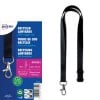 Ein Bild zeigt ein Paket recycelter Lanyards mit einem Auslöseclip, wobei die Produktdetails und Spezifikationen hervorgehoben werden.