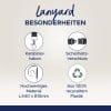 Das Bild zeigt die Merkmale eines Lanyards, darunter einen Karabinerhaken, einen Sicherheitsverschluss, hochwertiges Material (L440 x B15mm) und hergestellt aus 100% recyceltem Kunststoff.
