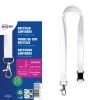 Das Bild zeigt recycelte Lanyards mit einem Karabinerhaken, die Verpackungsdetails wie Größe und Umweltverträglichkeit präsentieren. Die Lanyards erscheinen in Weiß.