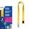 Ein Bild zeigt recycelte Lanyards in gelber Farbe mit einem Karabinerhaken, verpackt mit Produktinformationen von Avery.
