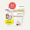 Das Bild zeigt eine Verpackung für Etikettenrollen, die ein Produktsample-Set und verschiedene Etikettendesigns enthält. Es gibt einen Werbetext, der ein Cashback-Angebot von 5 € anzeigt.