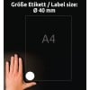 Größenvergleich mit Hand, Artikel: 5080, ein Bogen Runde Etiketten, ablösbar, Format: ⌀ 40 mm, Farbe: Weiß