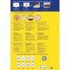 Das Bild zeigt einen Flyer für Avery, der Etikettenprodukte, Designvorlagen und Druckanweisungen in mehreren Sprachen, darunter Deutsch, Französisch, Niederländisch, Russisch und Polnisch, präsentiert.