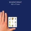 Größenvergleich mit Hand, Artikel: 51027, ein Bogen Sortiment Papier Sticker, Format: 130 x 183 x 5 mm, Farbe: Bunt