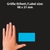 Größenvergleich mit Hand, Artikel: 51046, ein Bogen Farbige Etiketten, Format: 98 x 51 mm, Farbe: Blau, Gelb, neongrün, neonorange, neonrot
