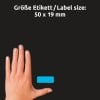 Größenvergleich mit Hand, Artikel: 51047, ein Bogen Farbige Etiketten, Format: 50 x 19 mm, Farbe: Blau, Gelb, neongrün, neonorange, neonrot