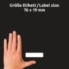 Größenvergleich mit Hand, Artikel: 51066, ein Bogen Namens-Etiketten, Format: 76 x 19 mm, Farbe: Weiß