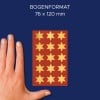 Größenvergleich mit Hand, Artikel: 52801, ein Bogen Weihnachtssticker, Format: 85 x 160 mm, Farbe: Gold