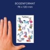 Größenvergleich mit Hand, Artikel: 56390, ein Bogen Kinder Tattoos, Format: 85 x 160 mm, Farbe: Bunt