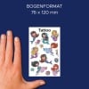 Größenvergleich mit Hand, Artikel: 56763, ein Bogen Kinder Tattoos, Format: 85 x 160 mm, Farbe: Bunt