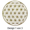 Das Bild zeigt ein kreisförmiges Muster mit sich überlappenden Blumen, die in Grün gehalten sind. Es ist mit 'Design 1 von 3' beschriftet.