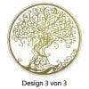 Das Bild zeigt ein stilisiertes Baumdesign mit komplizierten, wirbelnden Ästen und Wurzeln, in Grüntönen dargestellt. Unter dem Baum wird der Text 'Design 3 von 3' angezeigt.