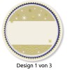 Das Bild zeigt ein kreisförmiges Design in einem Grün- und Blauton-Schema. Es enthält dekorative Elemente wie Schneeflocken und verzierte Linien, mit einem leeren Raum in der Mitte zur individuellen Anpassung. Am unteren Rand steht 'Design 1 von 3'.