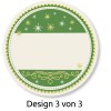 Das Bild zeigt ein rundes Etikettendesign in Grün und Creme. Es enthält dekorative Elemente wie Sterne und Wirbel und hat einen leeren Raum in der Mitte zum Beschriften. Das Etikett ist mit 'Design 3 von 3' beschriftet.