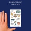 Größenvergleich mit Hand, Artikel: 56944, ein Bogen Deko Sticker, Format: 85 x 160 mm, Farbe: Bunt
