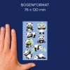 Größenvergleich mit Hand, Artikel: 57297, ein Bogen Glossy Sticker, Format: 85 x 160 mm, Farbe: Weiß, Schwarz, Grün