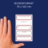 Größenvergleich mit Hand, Artikel: 59187, ein Bogen Haushalts-Etiketten, Format: 85 x 160 mm, Farbe: Rot, Grau