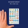 Größenvergleich mit Hand, Artikel: 59335, ein Bogen Zahlen-Etiketten, Format: 85 x 160 mm, Farbe: Bunt