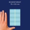 Größenvergleich mit Hand, Artikel: 59374, ein Bogen Tiefkühl-Etiketten, Format: 28 x 36 mm, Farbe: Blau