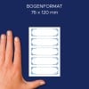 Größenvergleich mit Hand, Artikel: 59528, ein Bogen Marmeladen-Etiketten, Format: 21 x 70 mm, Farbe: Blau