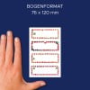 Größenvergleich mit Hand, Artikel: 59693, ein Bogen Marmeladen-Etiketten, Format: 26 x 70 mm, Farbe: Bunt