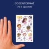 Größenvergleich mit Hand, Artikel: 59990, ein Bogen Sortiment Sticker, Format: 130 x 183 x 5 mm, Farbe: Bunt