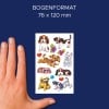 Größenvergleich mit Hand, Artikel: 59992, ein Bogen Sortiment Sticker, Format: 130 x 183 x 5 mm, Farbe: Bunt