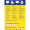 Das Bild ist eine Informationsgrafik über Etikettendruckprodukte von Avery, mit Anleitungen in verschiedenen Sprachen, Produktspezifikationen und Gestaltungstipps für das effiziente Drucken von Etiketten.