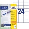 Packungsabbildung mit Etikettenbogen: Avery Zweckform Universal-Etiketten, Artikel:  6173, Format: 70 x 37 mm, Druckereignung: Inkjet,Laser s/w,Farblaser, Inhalt: 720 Etiketten / 30 Bögen, 24 Etiketten/Bogen
