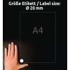 Größenvergleich mit Hand, Artikel: 6222REV-10, ein Bogen Runde Etiketten, ablösbar, Format: ⌀ 20 mm, Farbe: Weiß