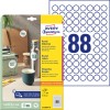 Packungsabbildung mit Etikettenbogen: Avery Zweckform Runde Etiketten, ablösbar, Artikel:  6222REV-10, Format: ⌀ 20 mm, Druckereignung: Inkjet,Laser s/w,Farblaser, Inhalt: 880 Etiketten / 10 Bögen, 88 Etiketten/Bogen