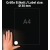 Das Bild zeigt eine Hand auf einem schwarzen Hintergrund neben einem Papier im A4-Format mit einem kreisrunden Etikett von 30 mm Größe. Der Text auf Deutsch gibt die Etikettengröße an.