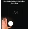 Größenvergleich mit Hand, Artikel: 6228-10, ein Bogen Runde Etiketten, Format: ⌀ 69 mm, Farbe: Weiß