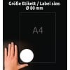 Größenvergleich mit Hand, Artikel: 6229-10, ein Bogen Runde Etiketten, Format: ⌀ 80 mm, Farbe: Weiß
